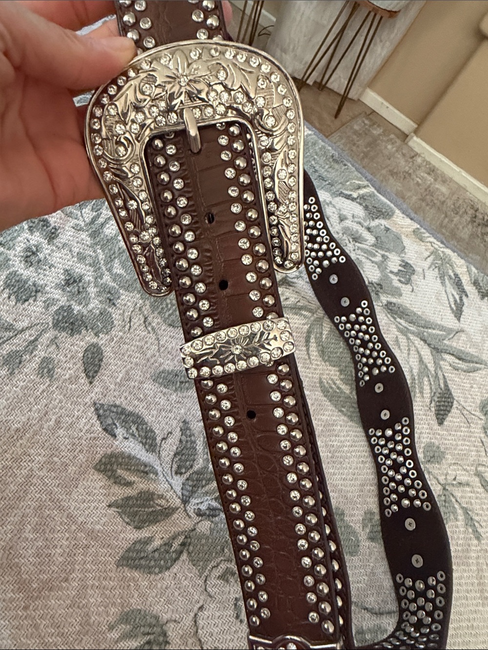 Embellished Western Brown Studded Belt with Silver Buckle